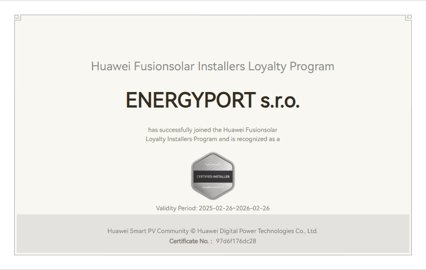 Energyport certifikát Huawei